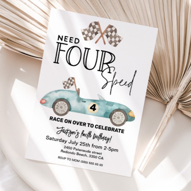Blått Tävling-4e födelsedagen med fyra hastigheter Inbjudningar (Need FOUR speed Race car 4th birthday invitation)