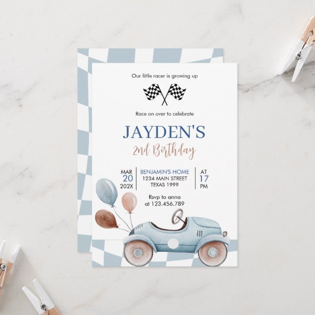 Blått Tävling-kort 2:a Tävlan Två snabbfödelsedag Inbjudningar (Fram/Back In Situ)