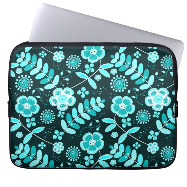 blått teal blomster mönster stilfull chic laptop fodral (Framsidan)