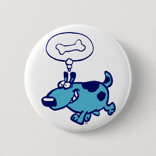 Blått Tecknad hund funderande på ben Button Badge Knapp