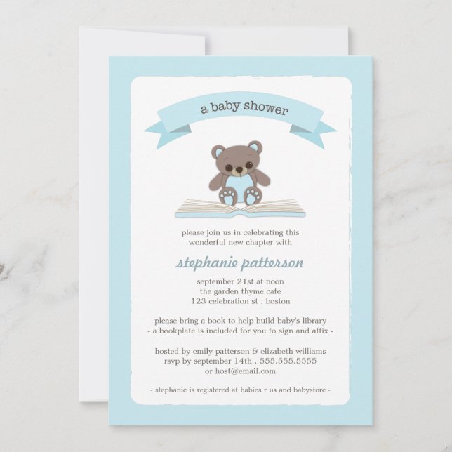 Blått Teddybear kommer med en bokbaby Inbjudningar (Framsida)
