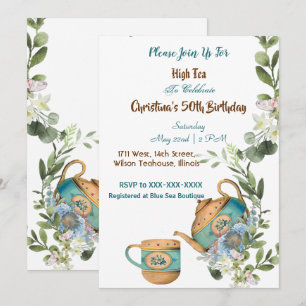Blått Tekanna Blommigt eftermiddag High Tea 50 föd Inbjudningar