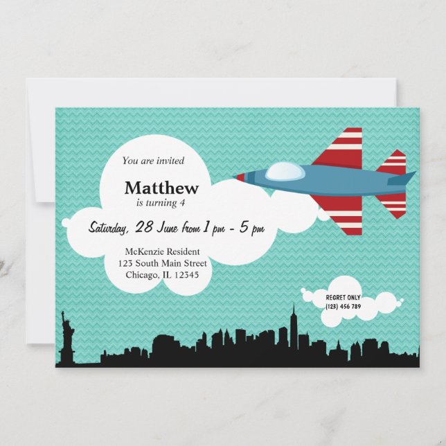 Blått tema för födelsedagen i jet Flygplan Inbjudningar (Framsida)