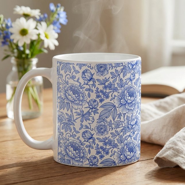 Blått Toile Blommönster Klassisk Botanisk Kaffemugg (Skapare uppladdad)