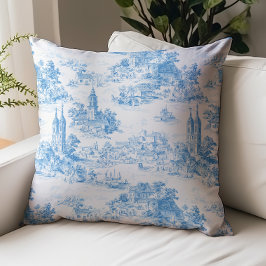 Blått Toile de Jouy bylandskap mönster Kudde
