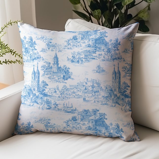 Blått Toile de Jouy bylandskap mönster Kudde (Skapare uppladdad)