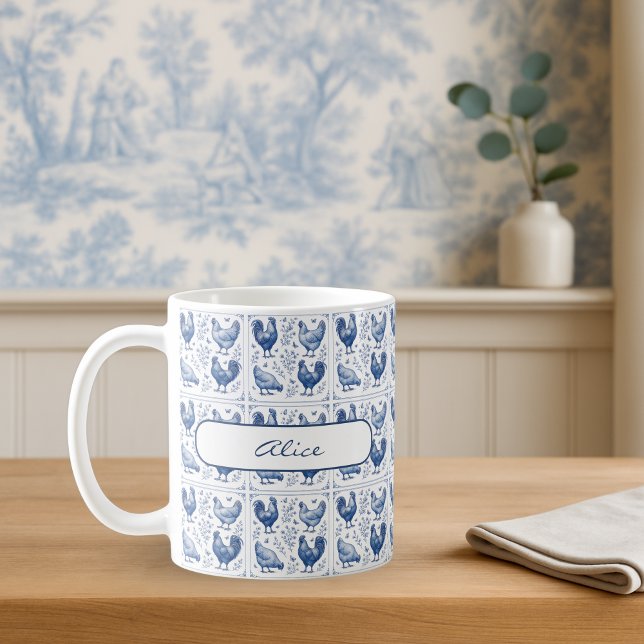 Blått Toile Fransk Land Farmhouse Chicken Mugg (Personalized Blue Toile Chicken Mug French Country Farmhouse Coffee Cup)