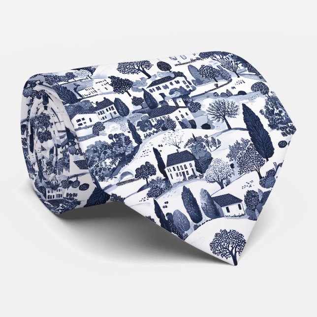 Blått Toile Landskapsmotiv Slips (Rullad)
