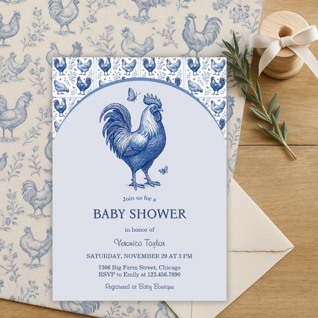 Blått Toile Tupp Fransk Land Baby Shower Inbjudningar (Blue Toile Rooster Baby Shower French Country Farmhouse Chic (Gender-Neutral))