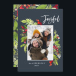 Blått, traditionellt, rustiskt foto julkort<br><div class="desc">Blått julljullkort för helgdag i lycklig helgdag. Vackert vattenfärgat målat löv och modern manusext. En del av en samling.</div>