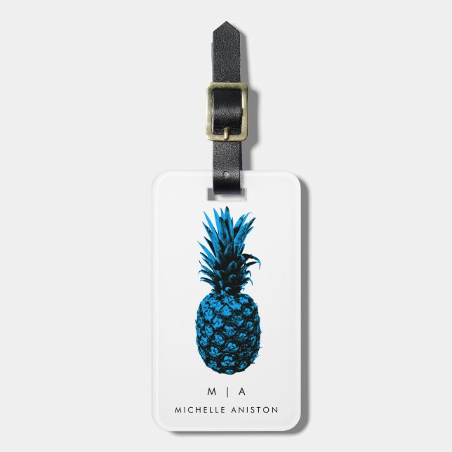 Blått Trendig ananas | MonogramAnpassningsbar Bagagebricka (Vertikal Framsida)