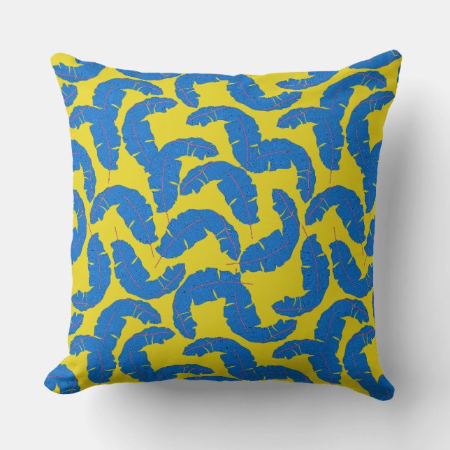 Blått Tropical Löv Cushion Bright Gult Bakåt Kudde (Framsida)