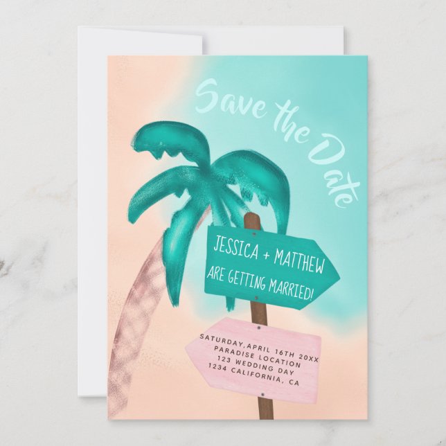 Blått tropiskt datum för strandpil i handflatan spara datumet (Framsida)