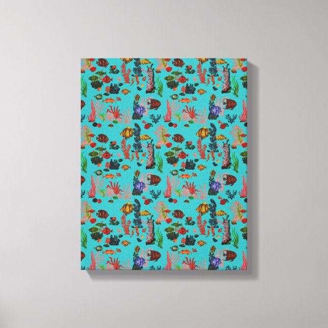 Blått Tropiskt Oceanen-Sjölivet Paradise Watercolo Canvastryck (Framsida)