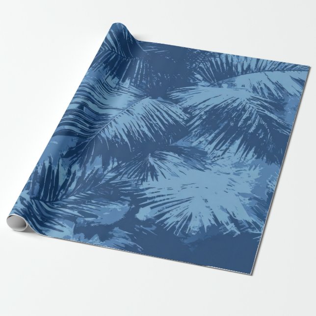 Blått Tropiskt Palmblad Presentpapper (Utrullad)