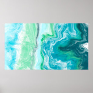Blått, turkos Sea Vågar Digital Fluid Art Poster