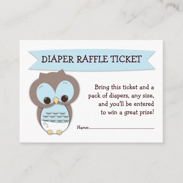 Blått Uggla Babyskor Diaper Raffle Biljett Infoga Tilläggskort (Framsida)