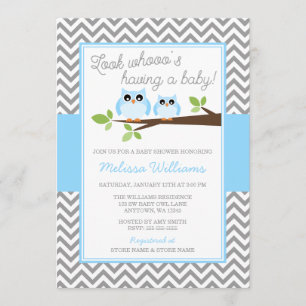 Blått Uggla Grått Chevron Boy Baby Shower Inbjudningar