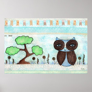 Blått Uggla och Snöre Poster med blandade mediefär