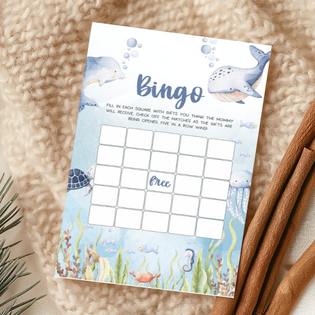 Blått Under Havet Baby Shower Bingo Spel (Under the Sea Baby Shower Game)