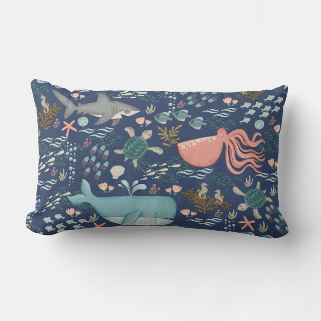 Blått under havsfärgen Havsdjur Lumbarkudde (Framsida)