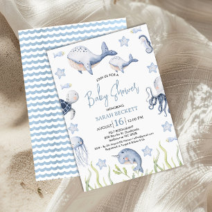Blått under Sea Boys Whale Calf Baby Shower Inbjudningar