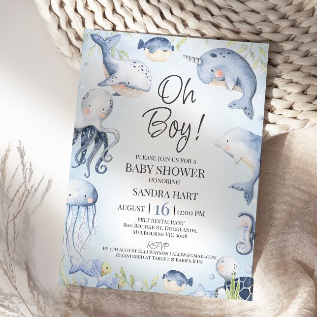 Blått under Sea CreatBoys Baby Shower Inbjudningar (Boys Under The Sea Baby Shower Invitation Template, Editable Ocean Themed Baby Shower Invitation )
