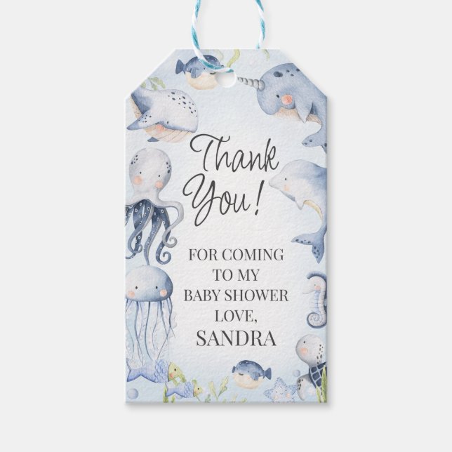 Blått under Sea CreatBoys Baby Shower Presentetikett (Framsidan)