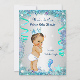 Blått under Sea Prince Baby Shower Brunette Boy Inbjudningar