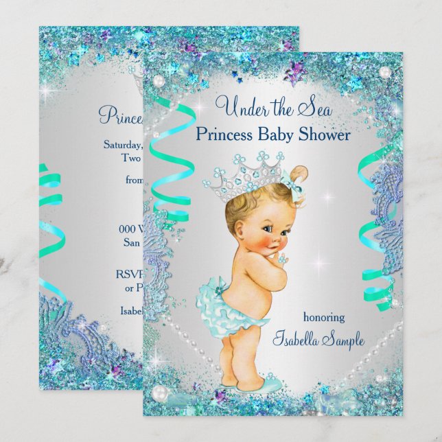 Blått under Sea Princess Baby Shower Blonde Inbjudningar (Fram/baksida)