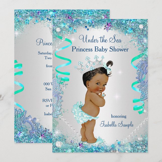 Blått under Sea Princess Baby Shower Ethnic Inbjudningar (Fram/baksida)