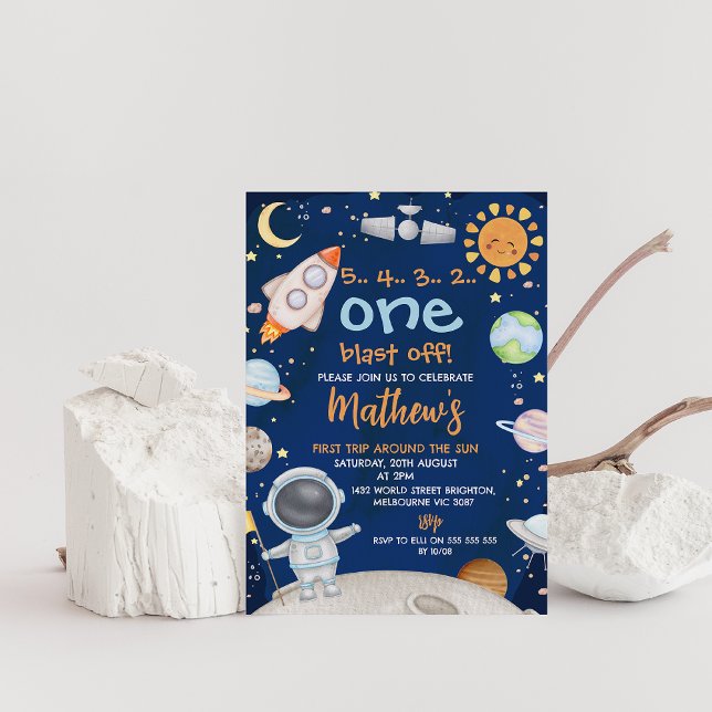 Blått utrymme Resa runt Sol 1:a födelsedag Inbjudningar (First trip around the sun 1st birthday invitation, Outer space birthday party invitation, blast off)