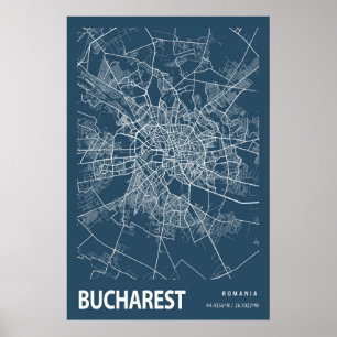 Blått utskrift av Bukarests Rumänien City Karta Li Poster