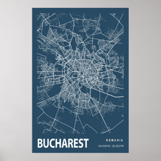 Blått utskrift av Bukarests Rumänien City Karta Li Poster