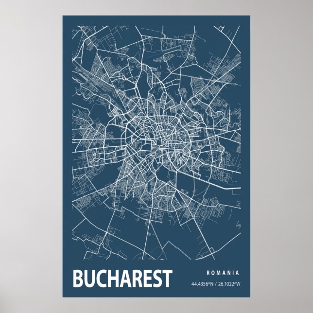 Blått utskrift av Bukarests Rumänien City Karta Li Poster (Framsidan)