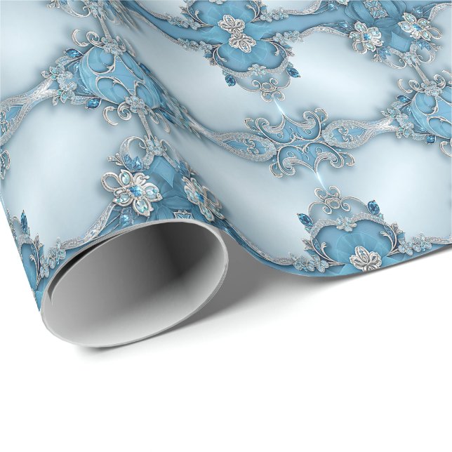 Blått utsmyckat blomstervrapppapper presentpapper (Rullad Hörn)