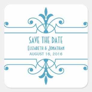 Blått v2 Finare Ornamental Save the Date Stickers Fyrkantigt Klistermärke
