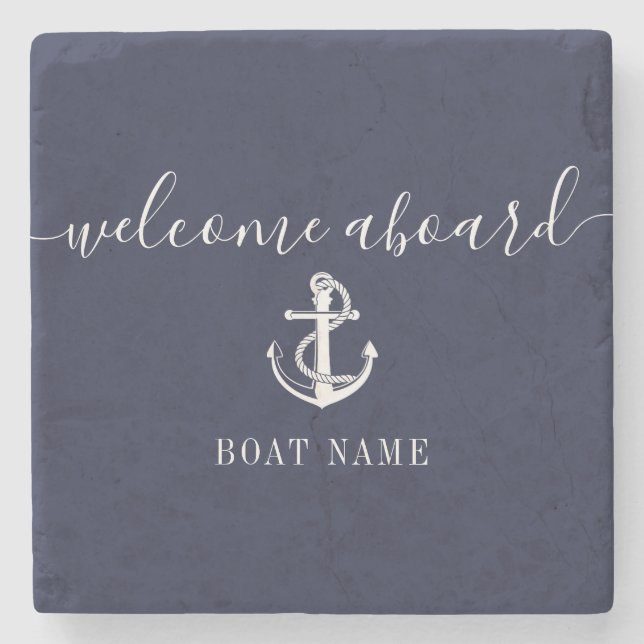Blått välkomstbord för marinen Nautisk ankor Namn Stenunderlägg (Framsidan)