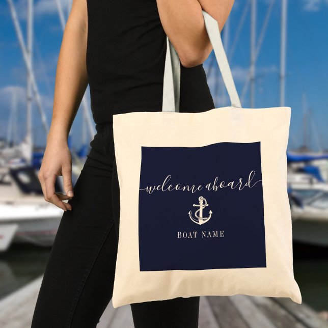 Blått välkomstbord för marinen Nautisk ankor Namn Tygkasse (Nautical Anchor Boat Name Navy Blue Welcome Aboard Tote Bag)