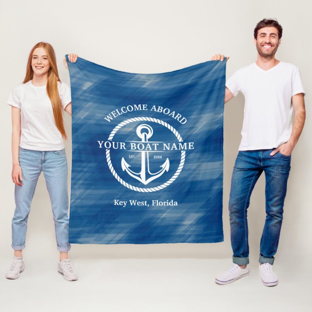 Blått välkomstbord vid Boat Namn Anchor Fleecefilt (På plats)