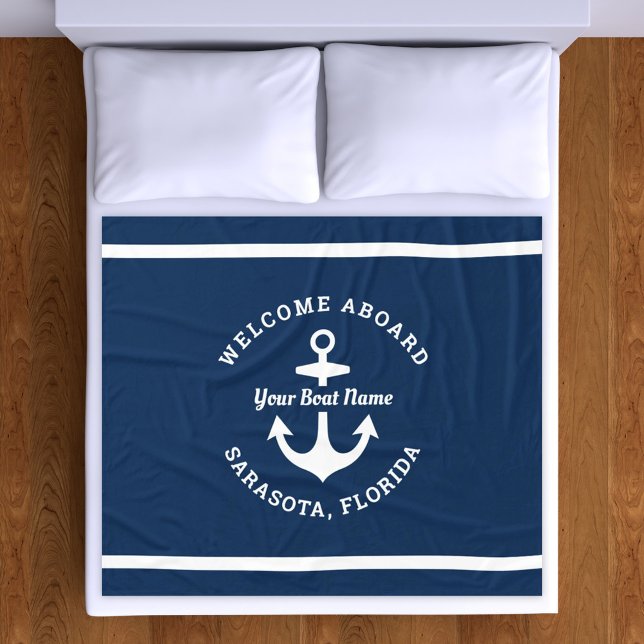 Blått välkomstbord vid Boat Namn Anchor Fleecefilt (Skapare uppladdad)