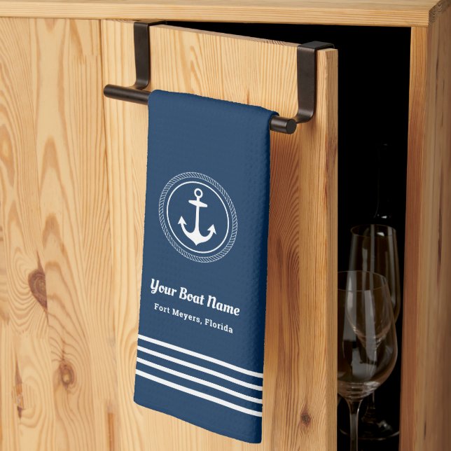 Blått välkomstbord vid Boat Namn Anchor Kökshandduk (Thirds Fold)