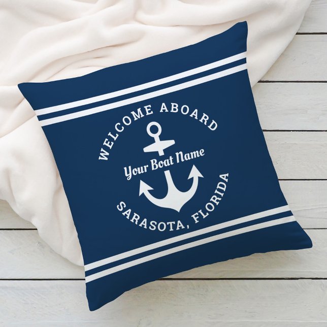 Blått välkomstbord vid Boat Namn Anchor Kudde (Skapare uppladdad)