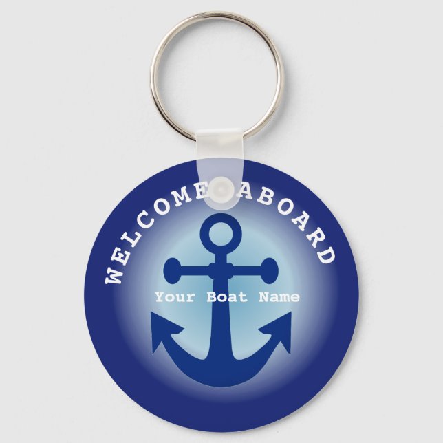 Blått välkomstbord vid Boat Namn Anchor Nyckelring (Framsida)
