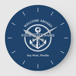 Blått välkomstbord vid Boat Namn Anchor Stor Klocka