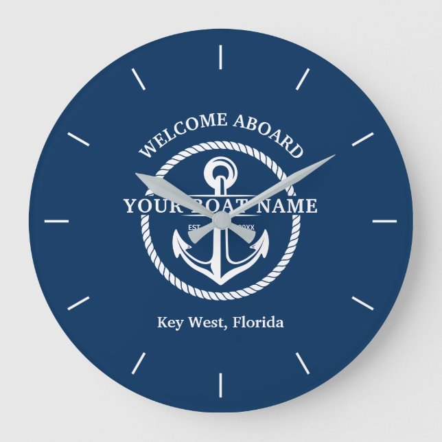 Blått välkomstbord vid Boat Namn Anchor Stor Klocka (Framsida)