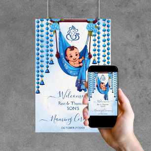 Blått välkomsttecken för baby på namngivningsvagn poster