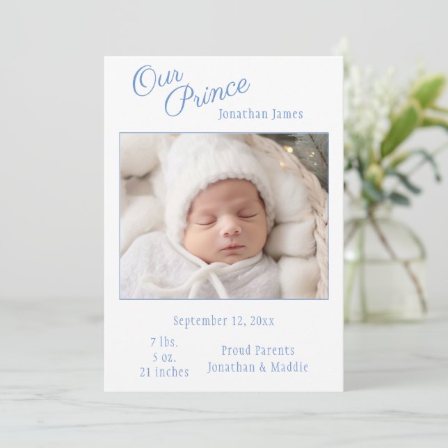 Blått vår prins Photo Boy Baby-födelsemeddelande Meddelande (Stående Fram)