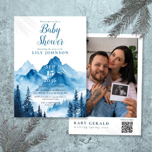 Blått Vattenfärg Berg Baby Shower Foto QR-kod Inbjudningar