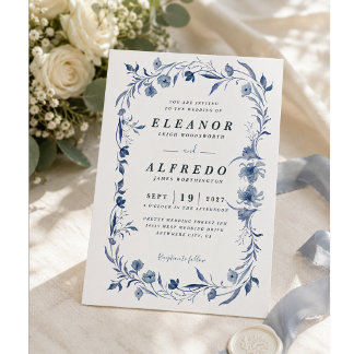 Blått Vattenfärg Blommor | Elegant Botanisk Bröllo Inbjudningar